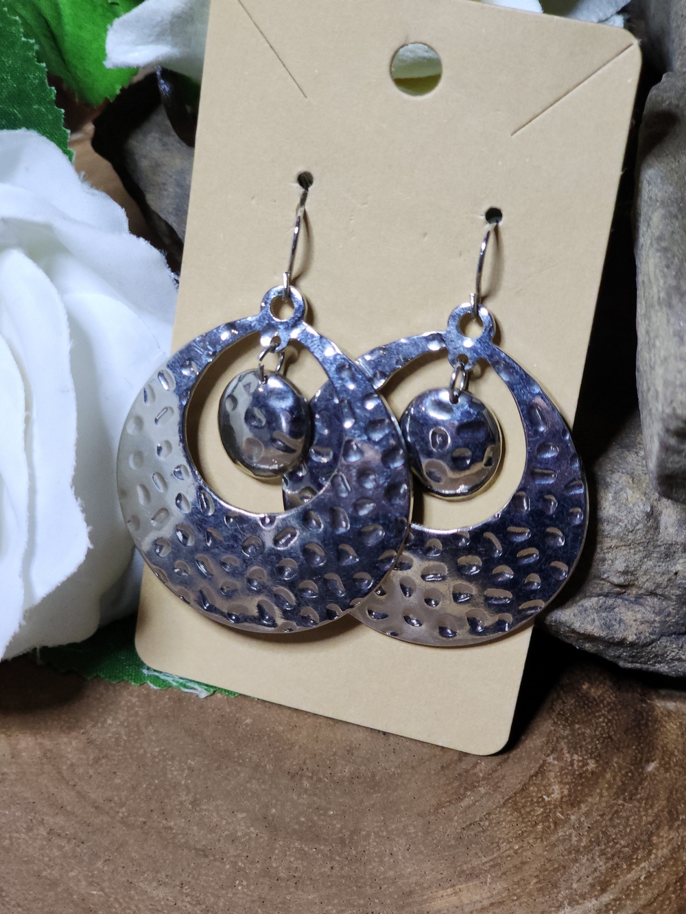 Hammered Silver-Tone Drop Hoop Earrings
